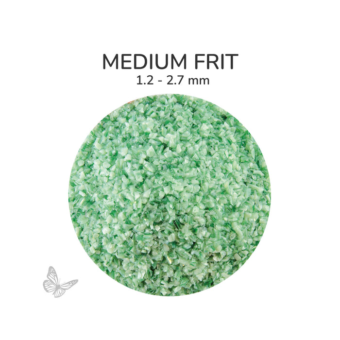 Close-up of Bullseye Green White Opalescent 002112 Medium Frit showing 1.2 to 2.7 mm particles.