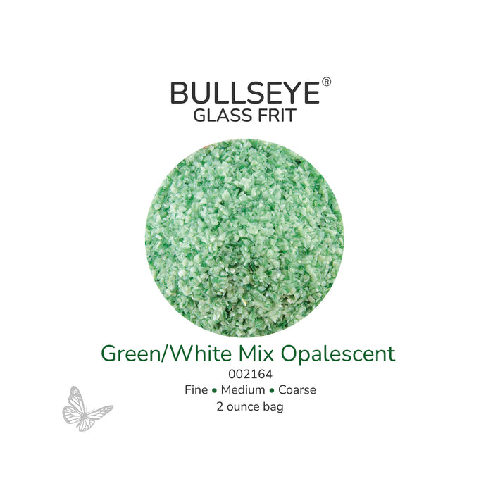 Bullseye Grenn White Opalescent 002112 glass frit, 2 ounce bag, available in fine, medium and coarse sizes.