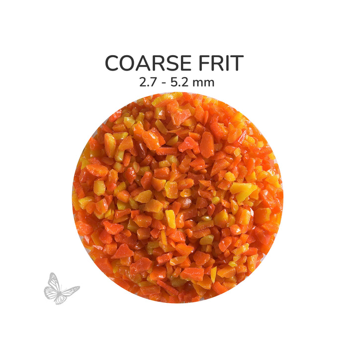 Close-up of Bullseye Orange Opalescent 000125 Coarse Frit showing 2.7 to 5.2 mm particles.