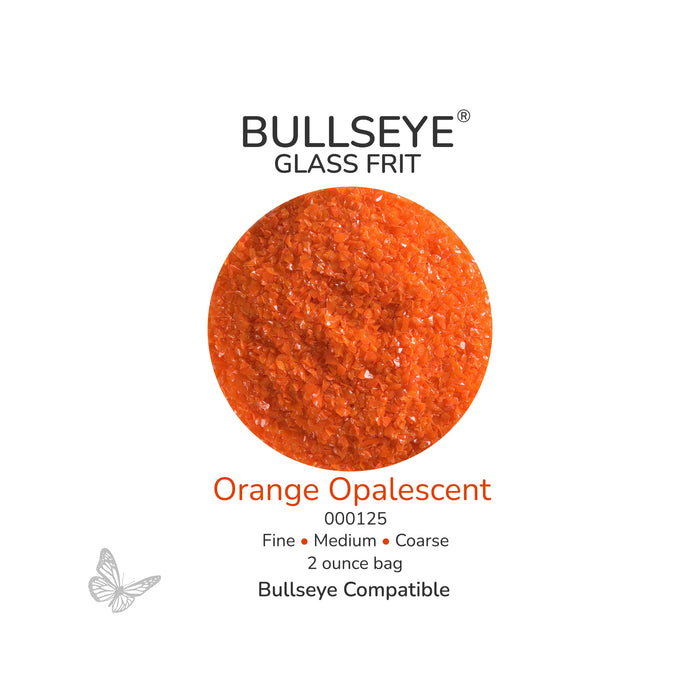Bullseye Orange Opalescent 000120 glass frit, 2 ounce bag, available in fine, medium and coarse sizes.