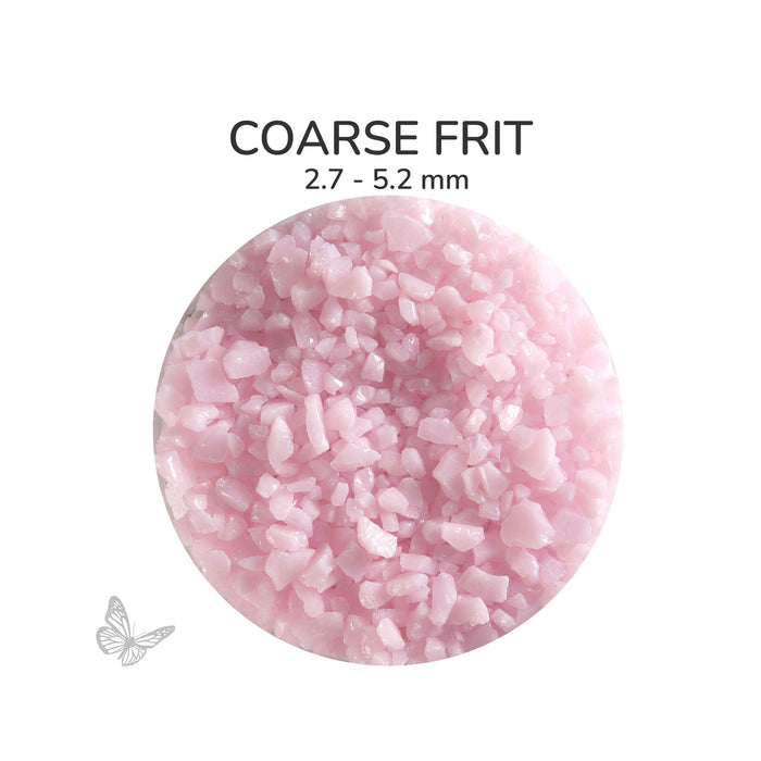 Close-up of Bullseye Petal Pink Opalescent 000421 Coarse Frit showing 2.7 to 5.2 mm particles.