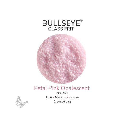 Bullseye Petal Pink Opalescent 000421 glass frit, 2 ounce bag, available in fine, medium and coarse sizes.