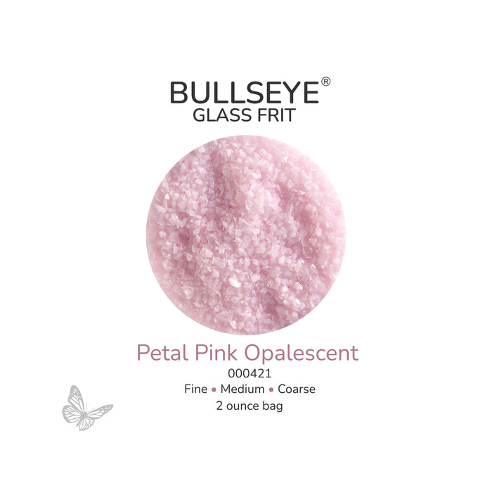 Bullseye Petal Pink Opalescent 000421 glass frit, 2 ounce bag, available in fine, medium and coarse sizes.