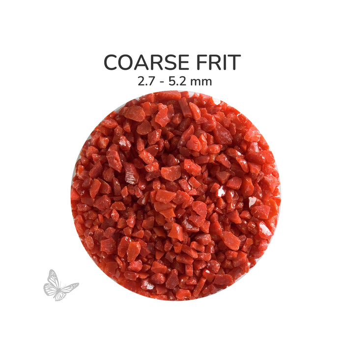 Close-up of Bullseye Red Opalescent 000124 Coarse Frit showing 2.7 to 5.2 mm particles.
