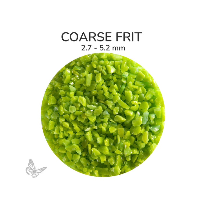 Close-up of Bullseye Spring Green Opalescent 000126 Coarse Frit showing 2.7 to 5.2 mm particles.