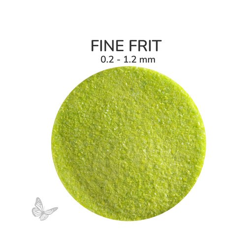 Close-up of Bullseye Spring Green Opalescent 000126 Fine Frit showing 0.2 to 1.2 mm particles.