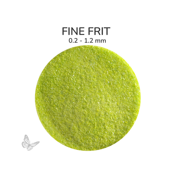Close-up of Bullseye Spring Green Opalescent 000126 Fine Frit showing 0.2 to 1.2 mm particles.