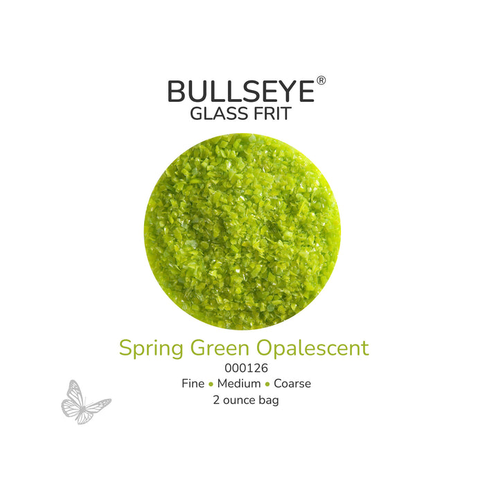 Bullseye Spring Green Opalescent 000126 glass frit, 2 ounce bag, available in fine, medium and coarse sizes.