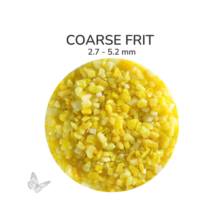 Close-up of Bullseye Sunflower Yellow Opalescent 000220 Coarse Frit showing 2.7 to 5.2 mm particles.