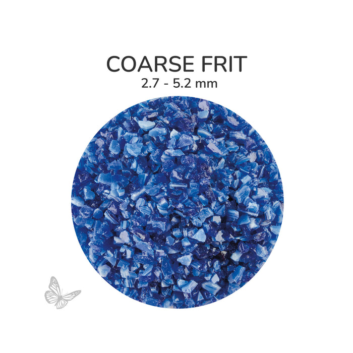 Close-up of Bullseye Blue White Mix Opalescent 002164 Coarse Frit showing 2.7 to 5.2 mm particles.