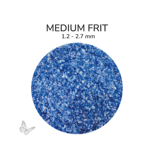 Close-up of Bullseye Blue White Mix Opalescent 002164 Medium Frit showing 1.2 to 2.7 mm particles.