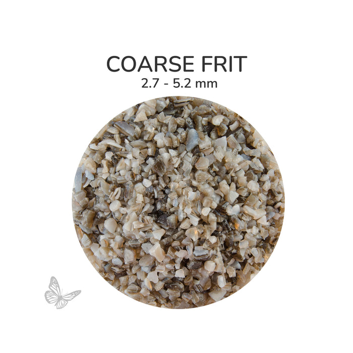 Close-up of Bullseye White Brown Mix Opalescent 002109 Coarse Frit showing 2.7 to 5.2 mm particles.