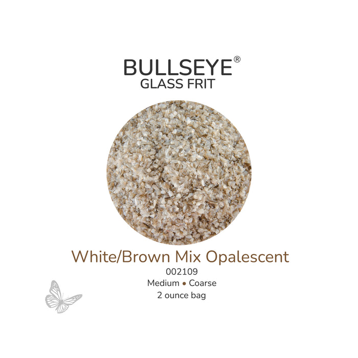 Bullseye White Brown Mix Opalescent 002109 glass frit, 2 ounce bag, available in medium and coarse sizes.