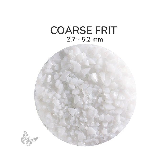 Close-up of Bullseye White Opalescent 000013 Coarse Frit showing 2.7 to 5.2 mm particles.