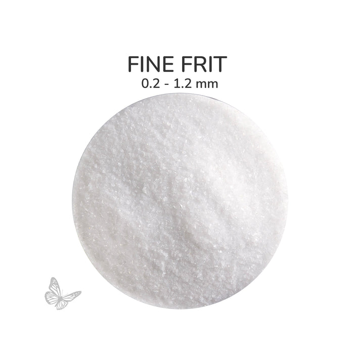 Close-up of Bullseye White Opalescent 000013 Fine Frit showing 0.2 to 1.2 mm particles.
