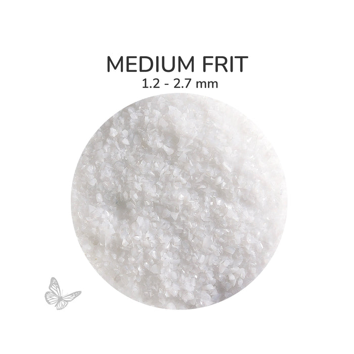 Close-up of Bullseye White Opalescent 000013 Medium Frit showing 1.2 to 2.7 mm particles.
