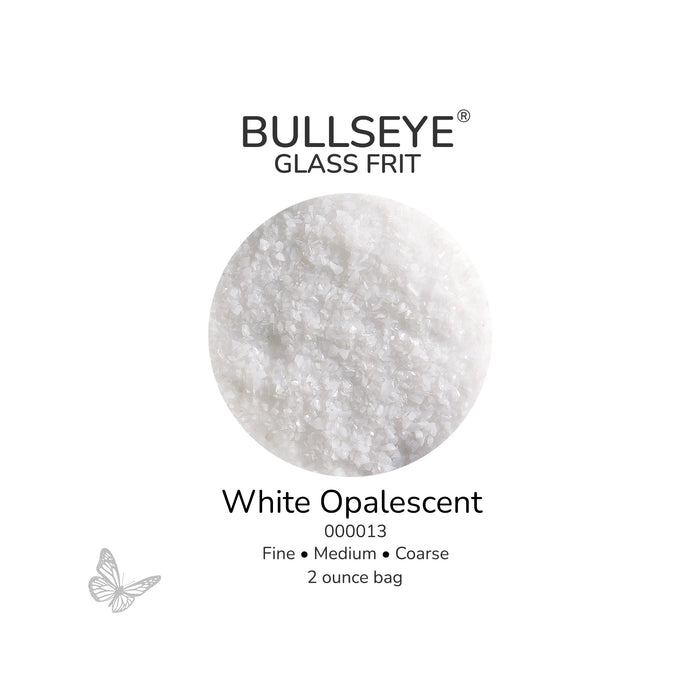 Bullseye White Opalescent 000013 glass frit, 2 ounce bag, available in fine, medium and coarse sizes.
