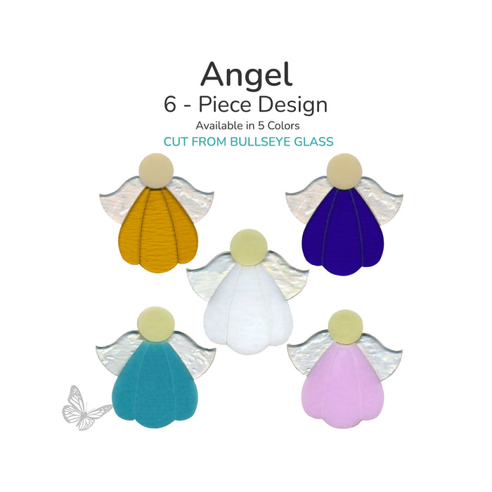 Precut Bullseye Glass angel 6-piece design shown in five colors for fused glass projects