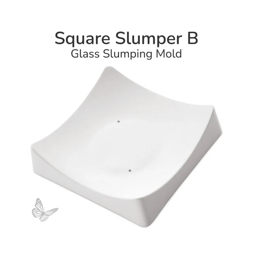 Square Slumper B ceramic glass slumping mold shown at an angle with a smooth curved surface for creating gently curved fused glass pieces.