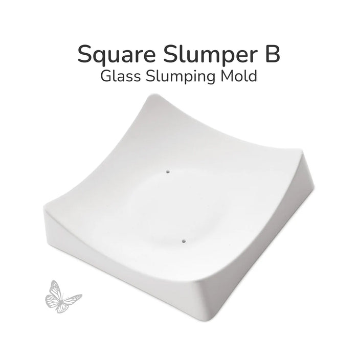 Square Slumper B ceramic glass slumping mold shown at an angle with a smooth curved surface for creating gently curved fused glass pieces.