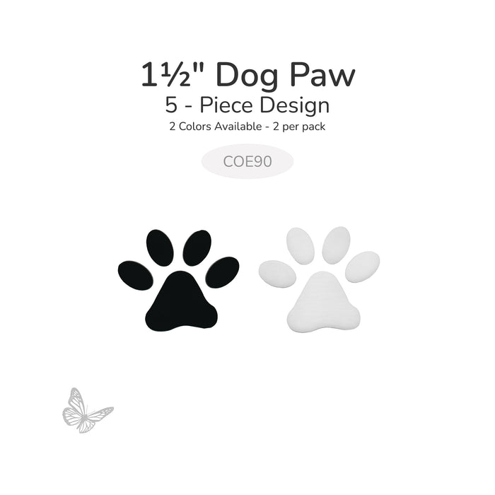Black and white dog paw glass shapes shown side by side, 1.5 inch, COE90