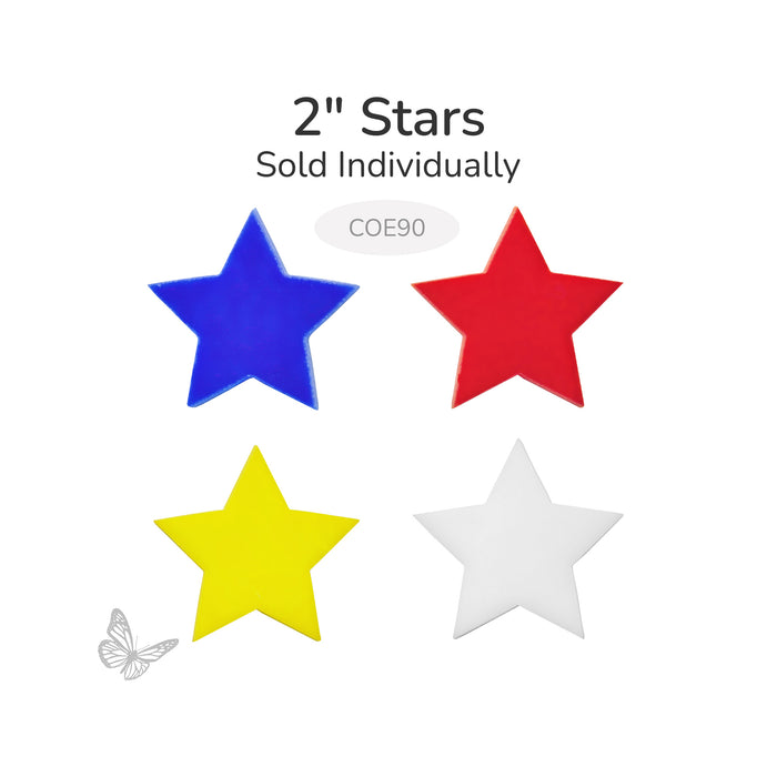 COE90 fusible precut glass star shown in blue, red, yellow, and white.