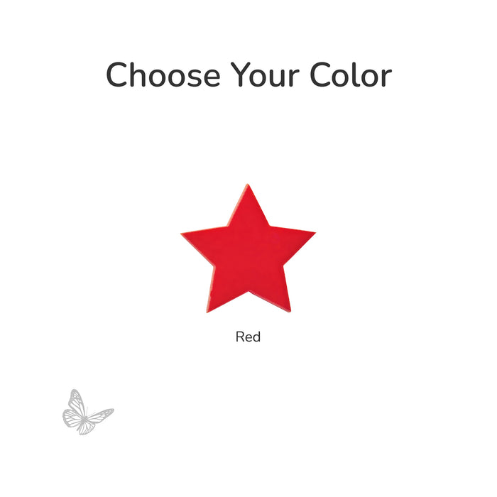 Red fusible precut glass star with 'Choose Your Color' text and a butterfly icon on a white background COE90