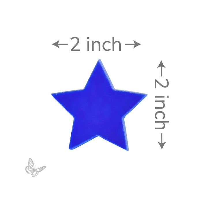 Fusible precut glass blue star with dimensions labeled as 2 inches on each side on a white background