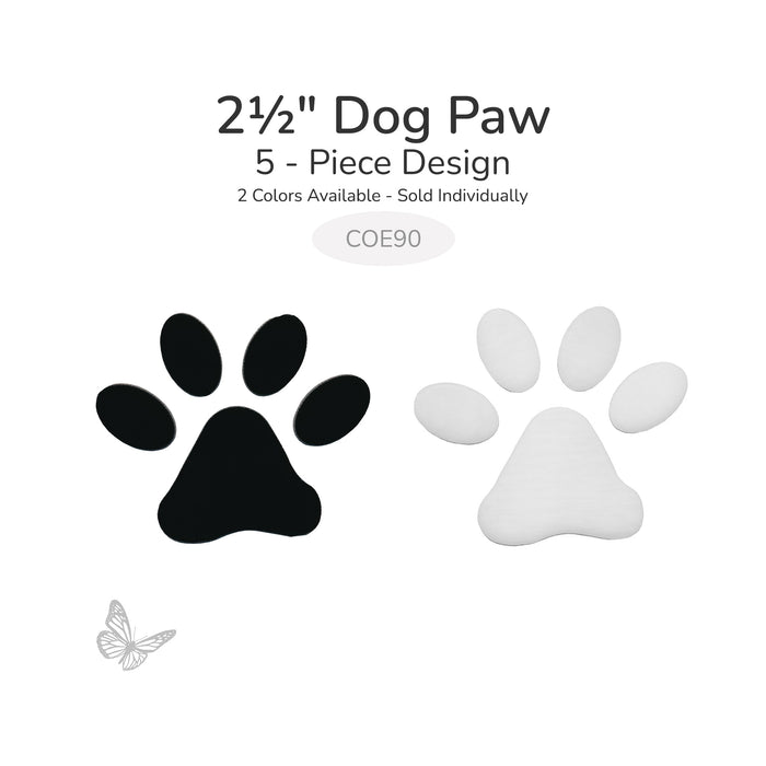 Black and white dog paw glass shapes shown side by side, 2.5 inch, COE90