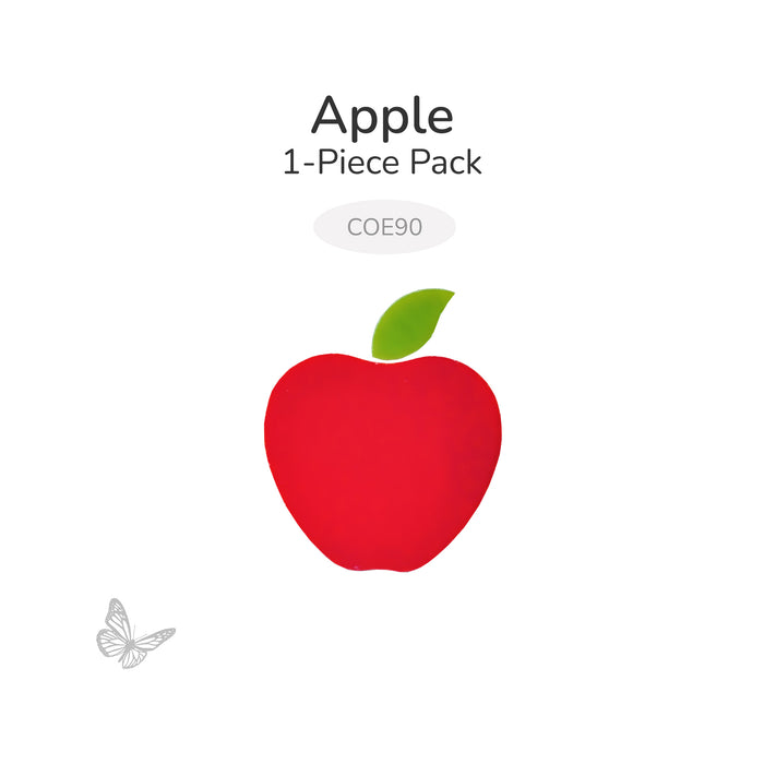 Bright red precut fusible glass apple shape with a green leaf, displayed on a white background with text indicating a 1-piece pack and COE90.