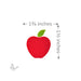 Precut red fusible glass apple shape with green leaf shown with dimension arrows indicating approximately 1.25 inches wide by 1.5 inches tall on a white  background.