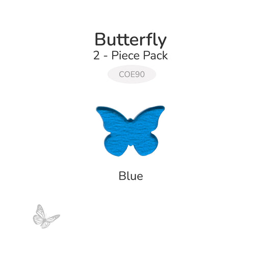 Translucent blue precut butterfly glass shape labeled Blue, part of a 2-piece COE90 pack.