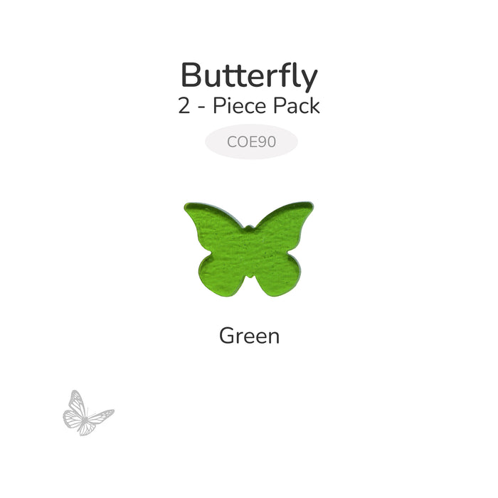 Translucent green precut butterfly glass shape labeled Green, part of a 2-piece COE90 pack.