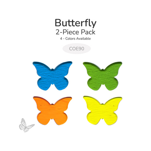 Four translucent butterfly glass shapes in blue, green, orange, and yellow displayed with "Butterfly 2-Piece Pack" and COE90 label.