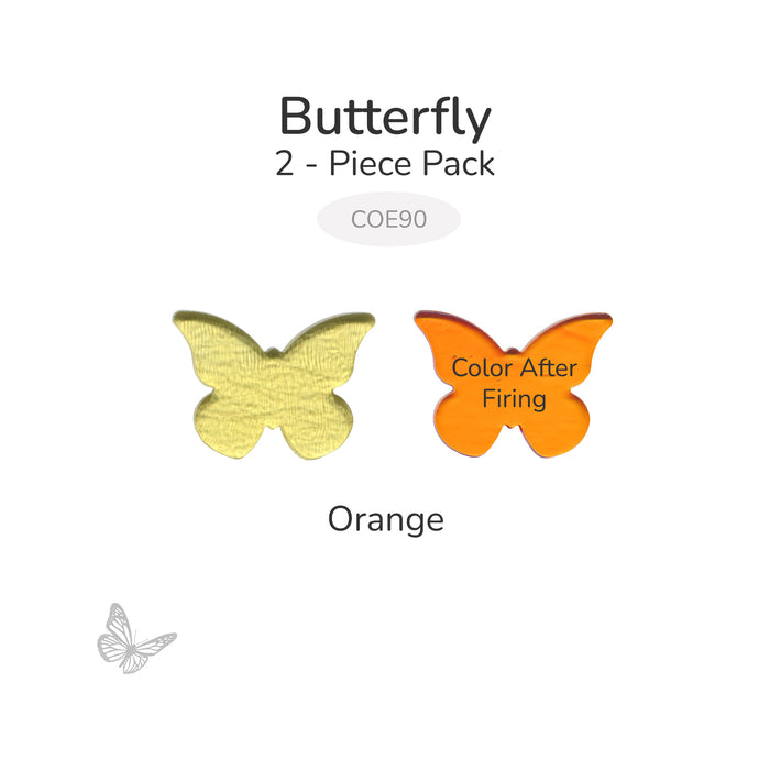 Bullseye orange butterfly glass shape shown before firing alongside its bright orange fired color result.