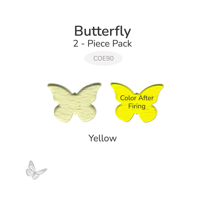 Bullseye yellow butterfly glass shape shown before firing alongside its bright yellow fired color result.
