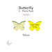 Bullseye yellow butterfly glass shape shown before firing alongside its bright yellow fired color result.