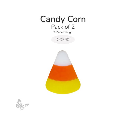 Pack of two precut candy corn glass designs for COE90 fused glass projects. Each design features three precision waterjet-cut pieces in white, orange, and yellow fusible glass.