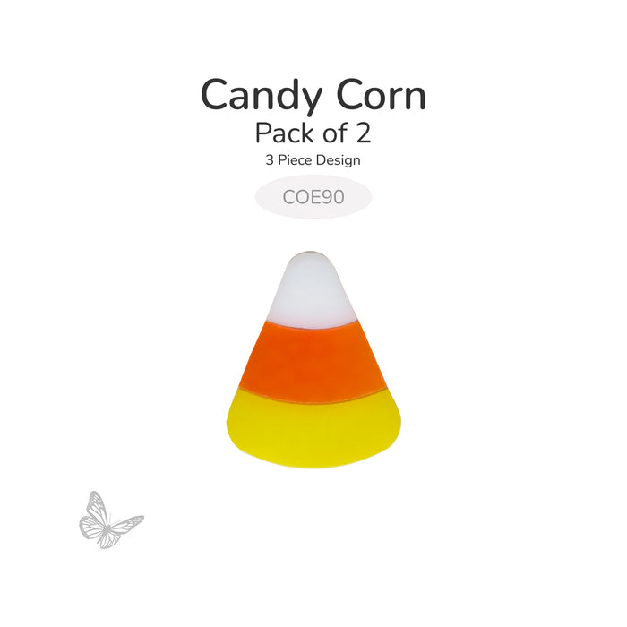 Pack of two precut candy corn glass designs for COE90 fused glass projects. Each design features three precision waterjet-cut pieces in white, orange, and yellow fusible glass.