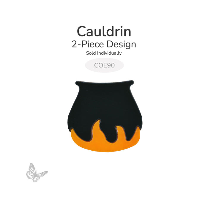 Precut COE90 cauldron glass design featuring a black cauldron with layered orange flames below. Two-piece Halloween-themed fused glass design.