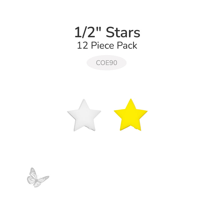 Packaging for precut fusible glass 1/2" stars with a white star and yellow star on a white background. COE90
