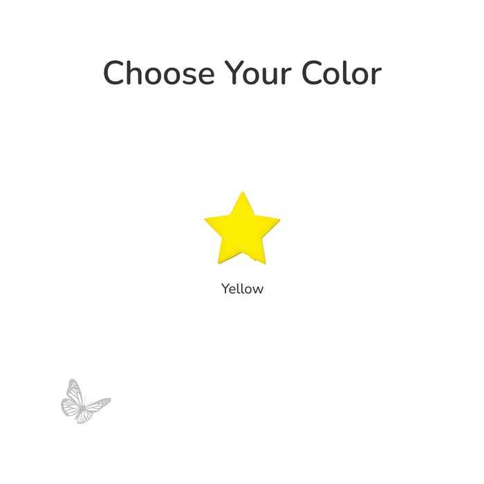 Color selection screen with a precut fusible glass yellow star and butterfly icon on a white background.