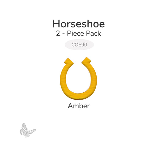 Amber horseshoe-shaped fusible glass cutout, 2-piece pack, COE90, shown on light gray background.