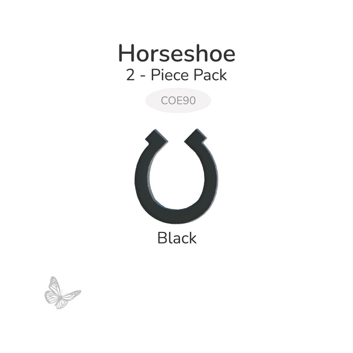 Black horseshoe-shaped fusible glass cutout, 2-piece pack, COE90, shown on light gray background.