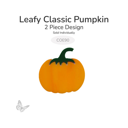 Leafy Classic Pumpkin precut glass design with a tangerine orange pumpkin and forest green leafy stem. Two-piece Bullseye COE90 design for fused glass and mosaic projects.