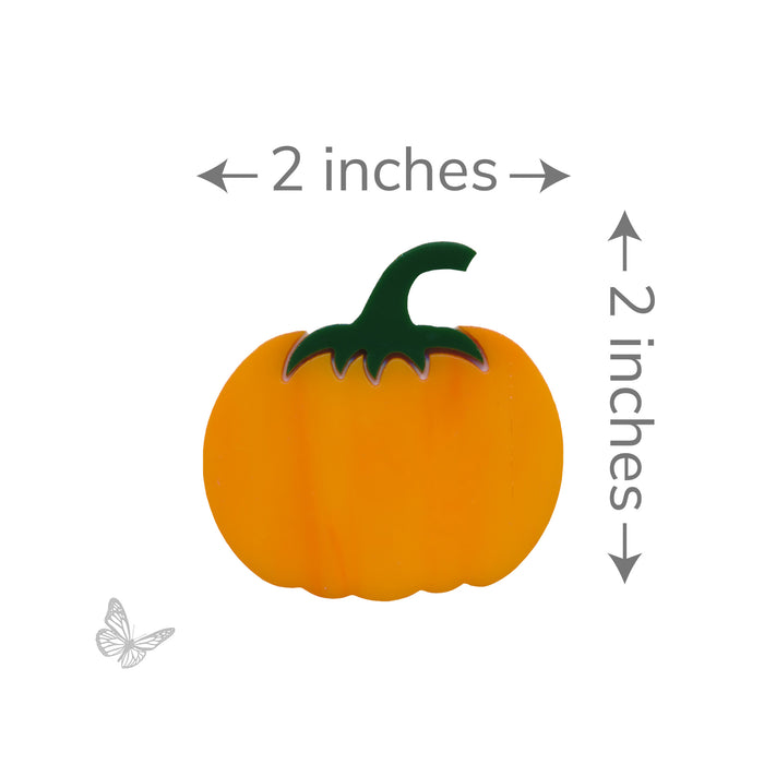 Leafy Classic Pumpkin two-piece COE90 glass design measuring approximately 2 inches wide by 2 inches tall, featuring an orange pumpkin with a curved green leafy stem.