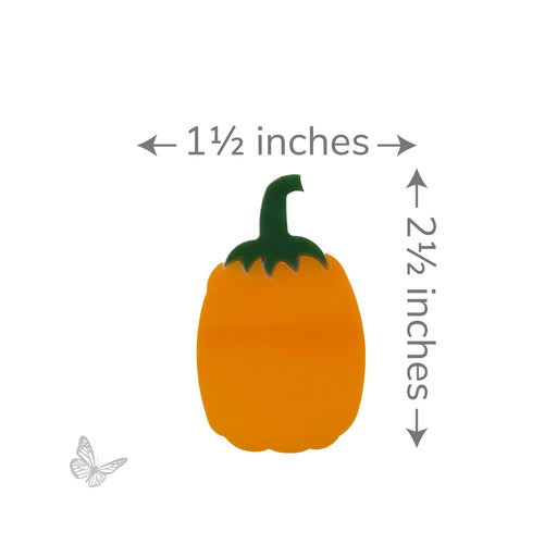 Leafy Tall Pumpkin two-piece COE90 glass design measuring approximately 1 1/2 inches wide by 2 1/2 inches tall, with an orange pumpkin and green leafy stem.