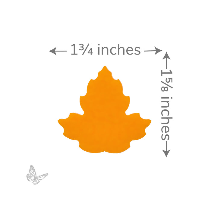 Bullseye COE90 precut maple leaf measuring 1 3/4 inches wide by 1 5/8 inches tall