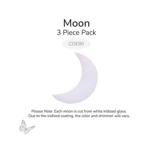Three-pack of precut white iridized crescent moon glass shapes for COE90 fused glass projects. Each moon is precision waterjet cut, and the iridescent finish varies naturally.