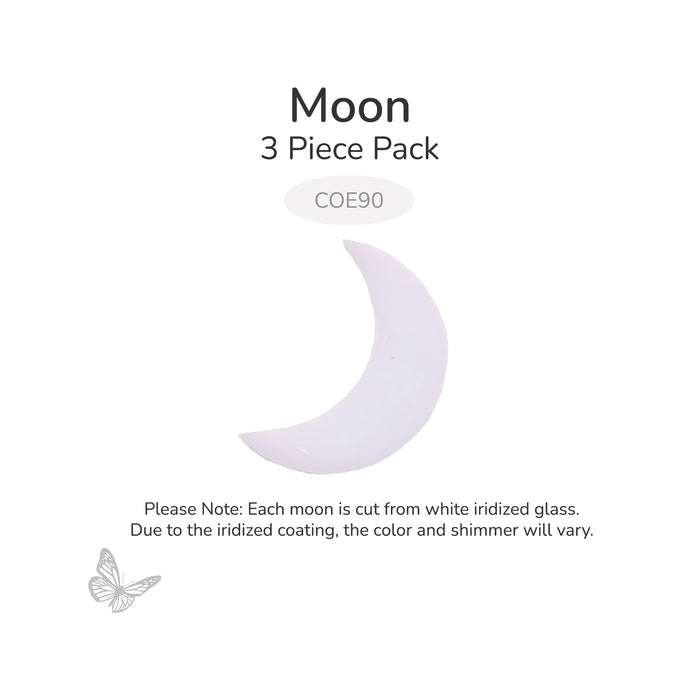 Three-pack of precut white iridized crescent moon glass shapes for COE90 fused glass projects. Each moon is precision waterjet cut, and the iridescent finish varies naturally.